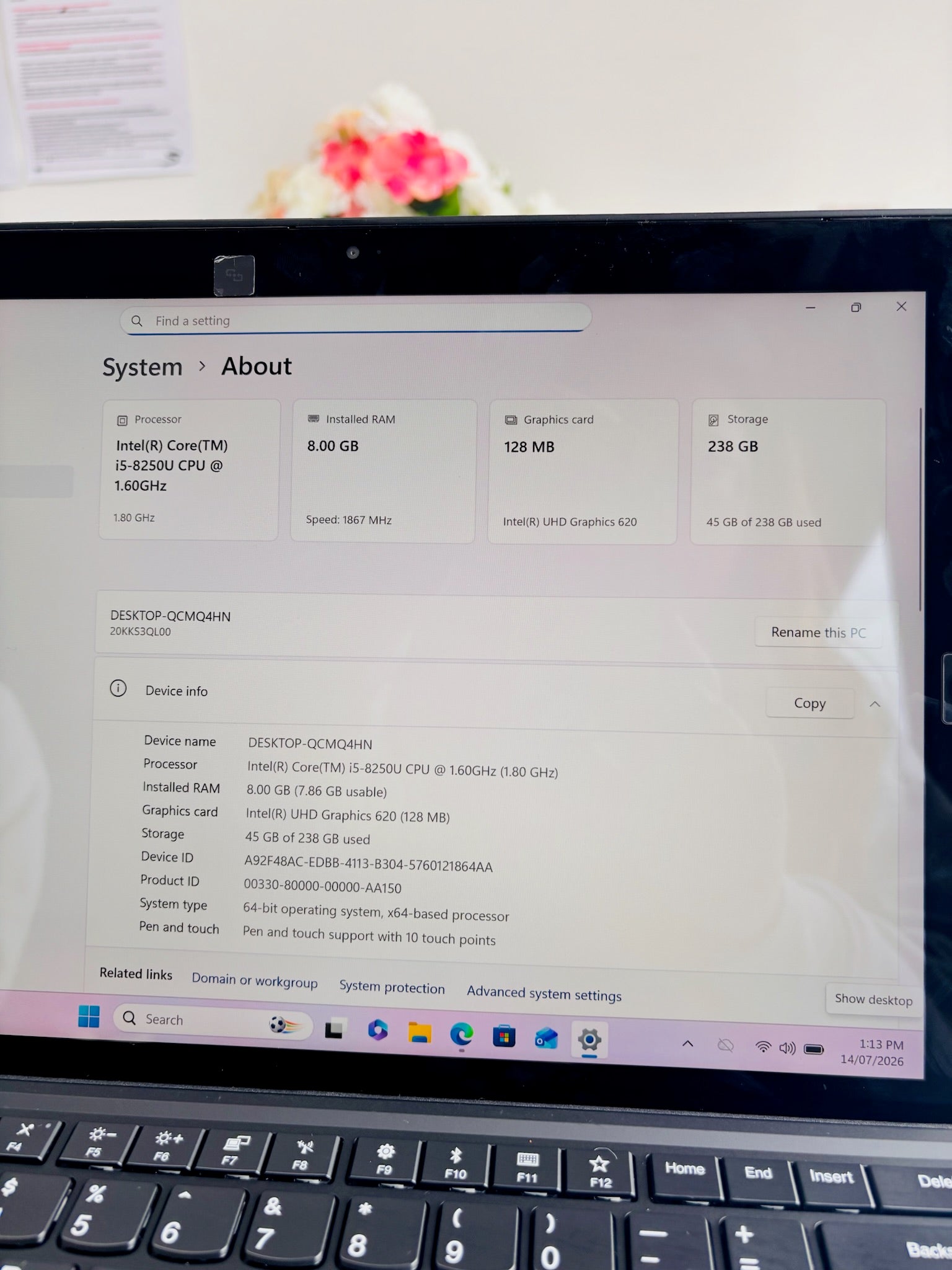 Lenovo ThinkPad X1 Tablet Laptop Gen 3, Intel core i5-8650U 8GB RAM 256GB SSD