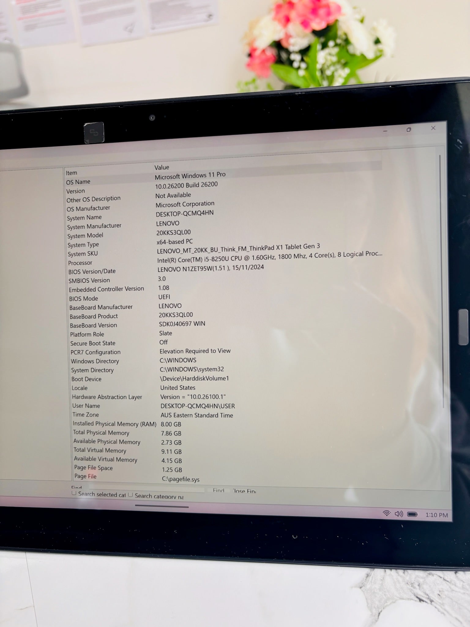 Lenovo ThinkPad X1 Tablet Laptop Gen 3, Intel core i5-8650U 8GB RAM 256GB SSD