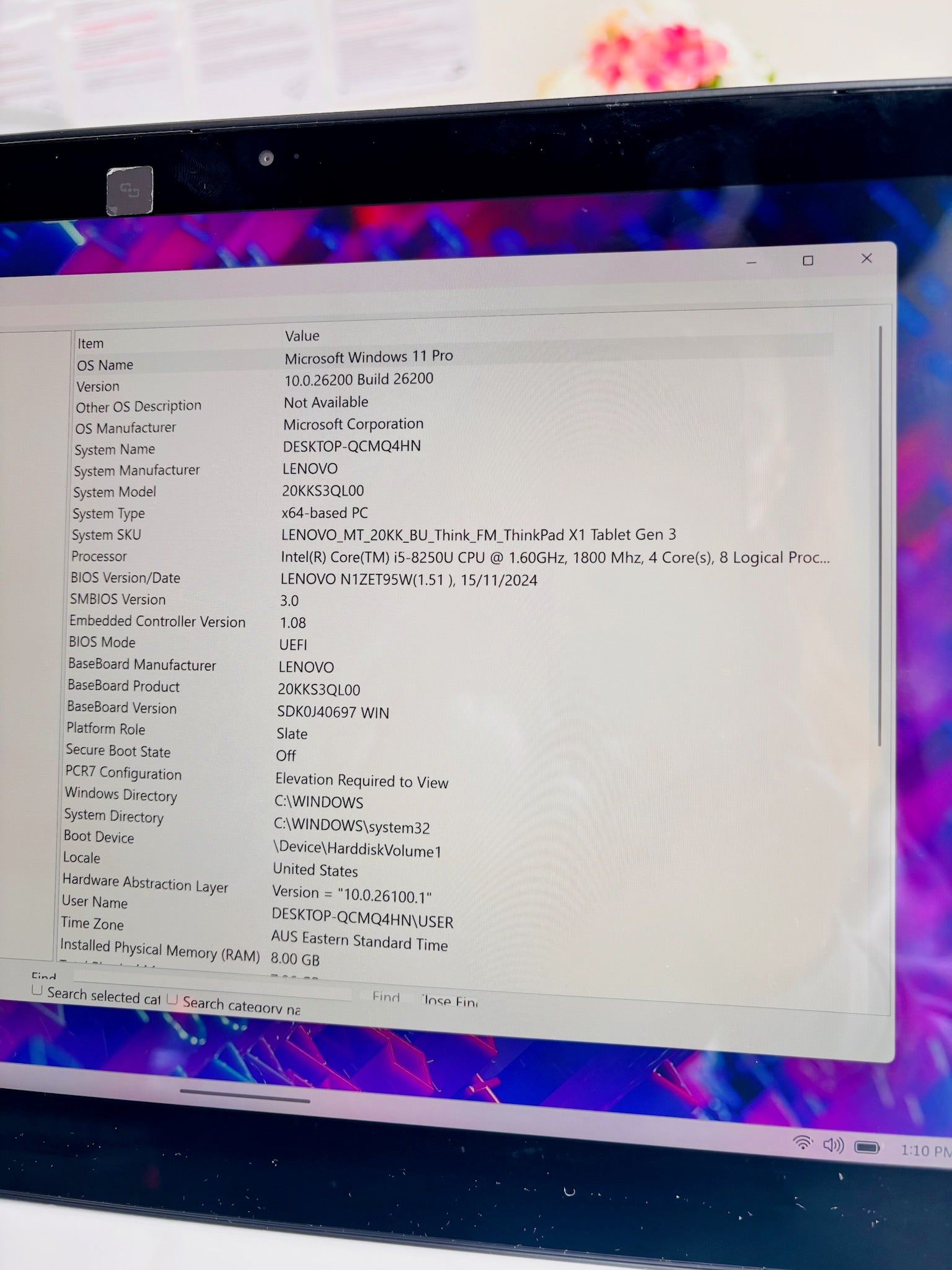 Lenovo ThinkPad X1 Tablet Laptop Gen 3, Intel core i5-8650U 8GB RAM 256GB SSD